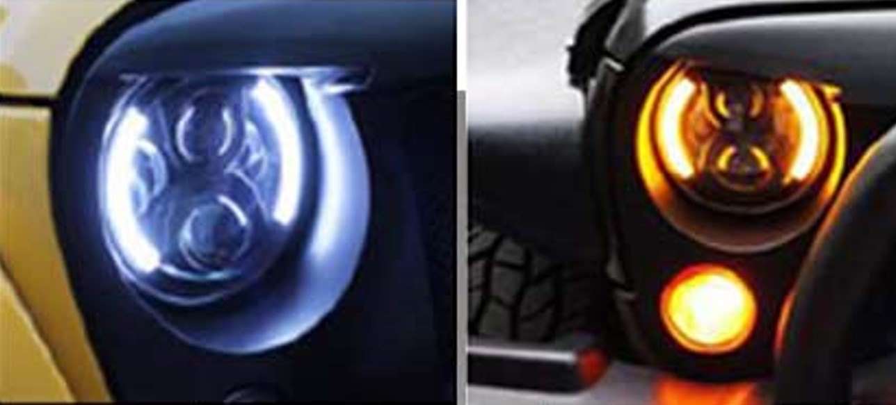 ფარი WRANGLER 2007-2017 წინა ლედ განათებით მეორე თაობა 60w (ANGEL EYES) (ფერები იცვლება თეთრიდან ყვიეთელში)